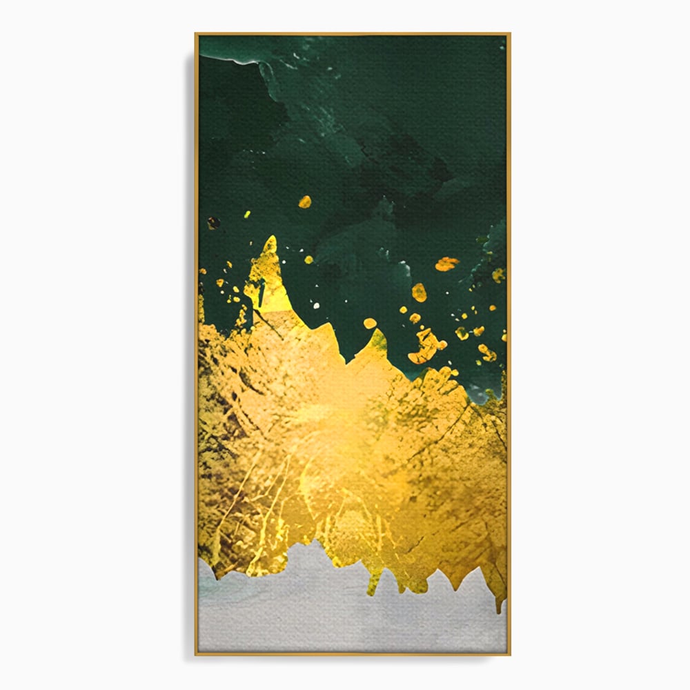 Tablou canvas cu tablou canvas abstract verde si auriu, in rama de aluminiu auriu